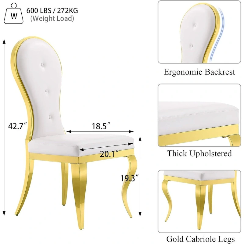 Modern Luxurious White Leather Dining Chairs with Polished Gold Stainless Steel Legs