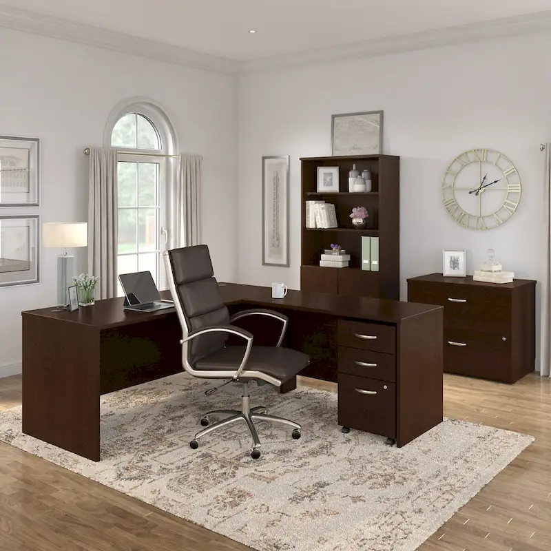 72W L Shaped Desk with Mobile File Cabinet - Mocha Cherry