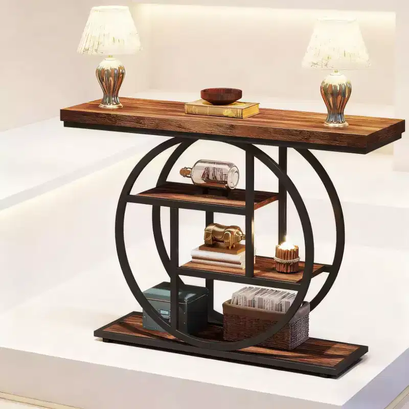 JVNOXK Industrial 4-Tier Wood End Table with Round Metal Frame