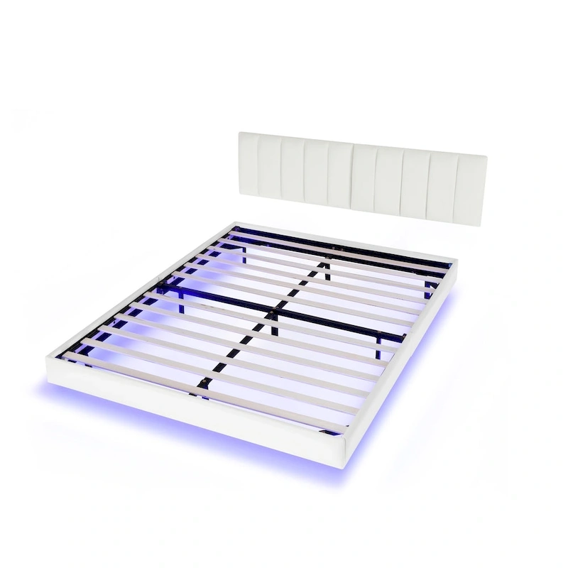 Floating Bed Frame With Led Lights And Wall Mounted Headboard