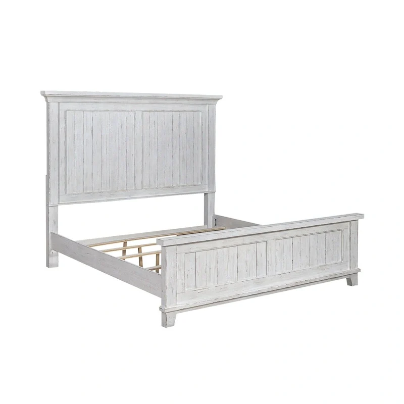 White and Tobacco-Colored Panel Bed, Dresser, Mirror, and Nightstand Set