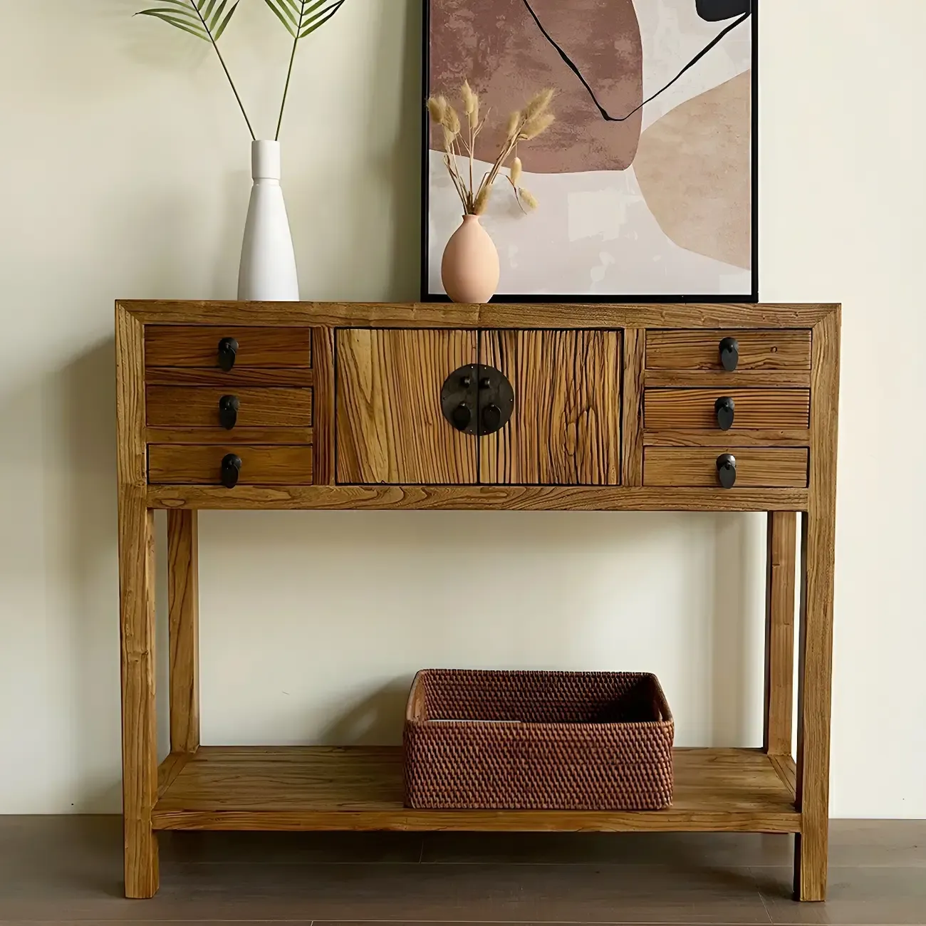 Rustic Wood Floor Shelf Console Table with Drawers