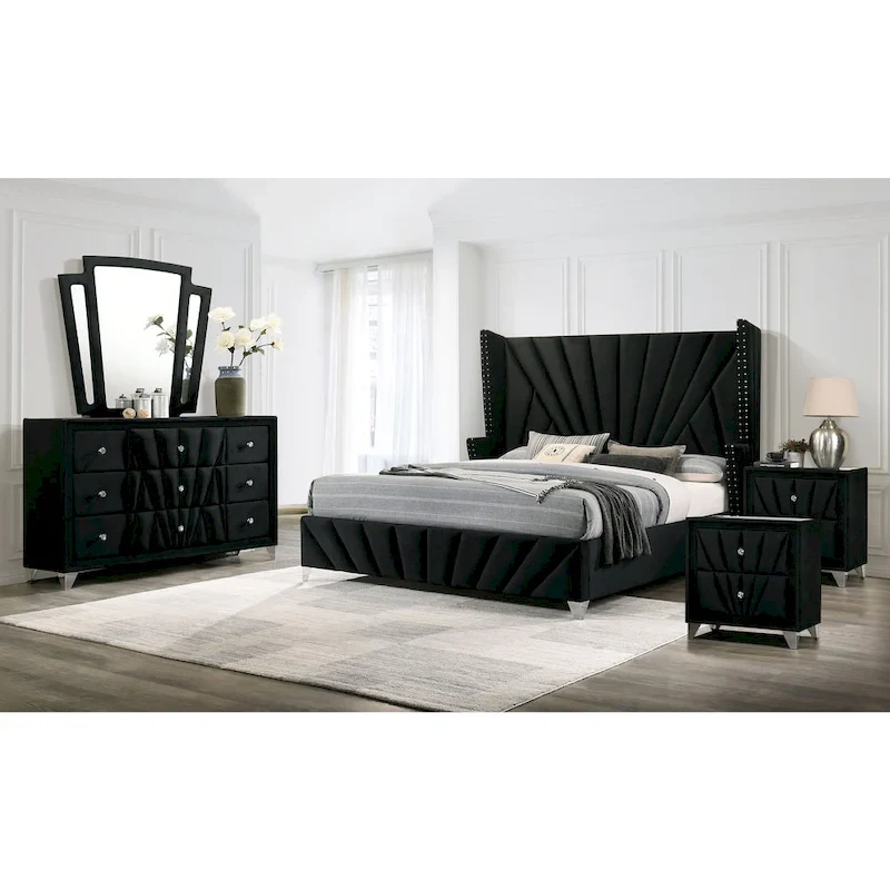 Ambrosia Glam Black Fabric Upholstered Nailhead 5-Piece Panel Bedroom Set by Furniture of America