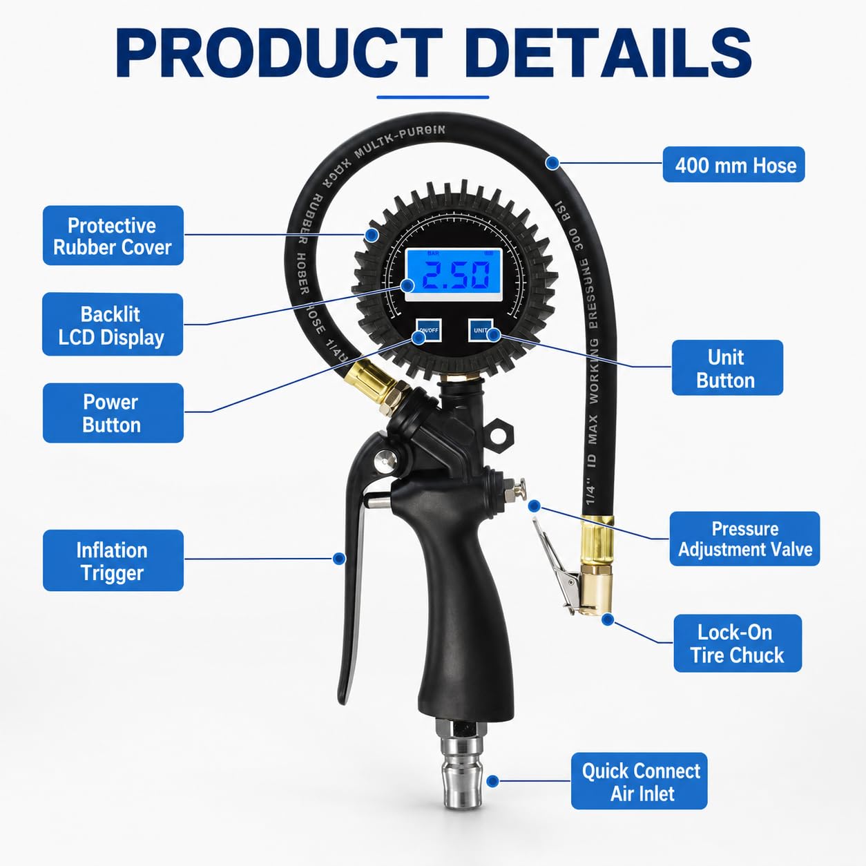 SEAPENG DP-101 Digital Tire Inflator Gauge, 5-220 PSI