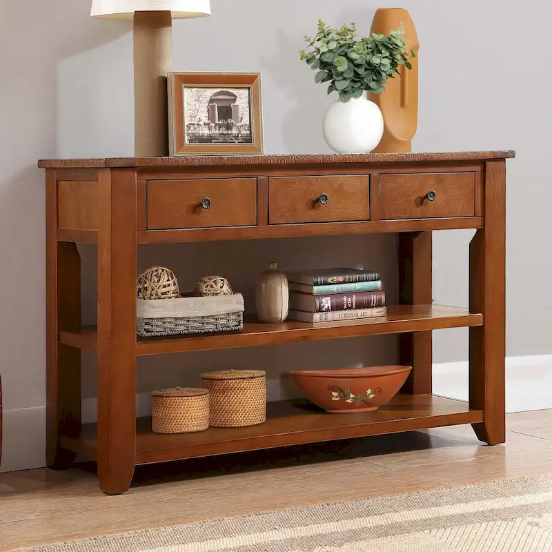 48 Solid Pine Wood Top Console Table with Drawers and Shelve