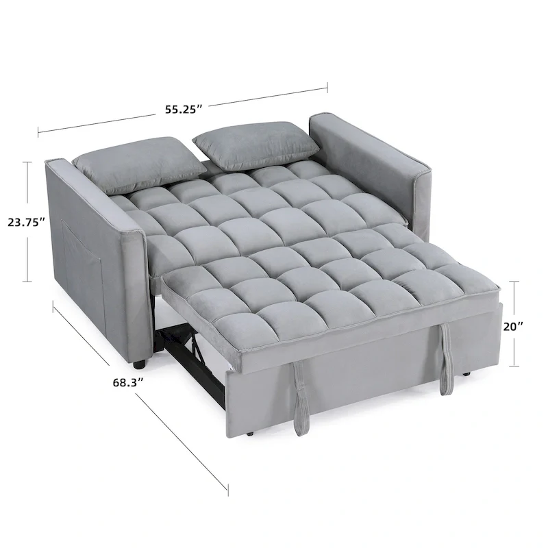 Classic 55 Width Pull Out Tufted Convertible Loveseat Sleeper Sofa Bed - 55W x 68L x 20H