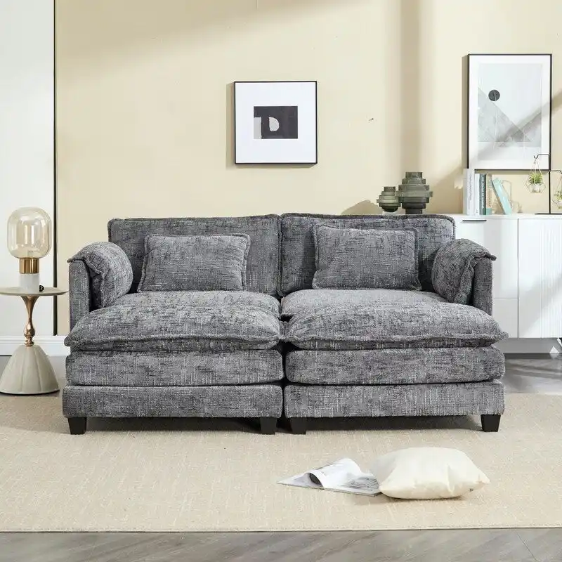 76.77 Chenille Upholstered Sofa with 2 Ottomans