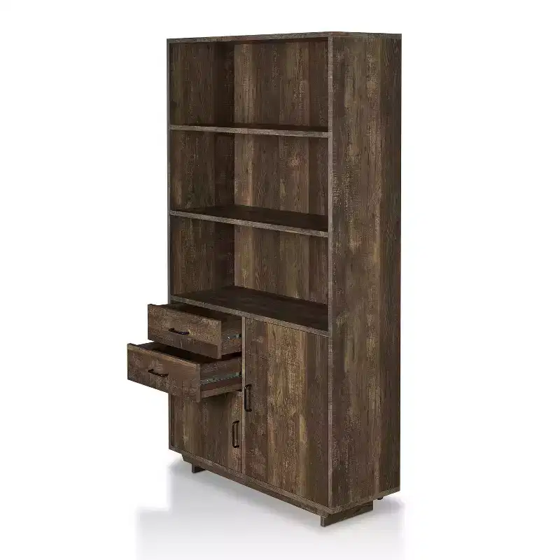 HOMES: Inside + Out 69.8" Tappan Bookcase with Cabinet Reclaimed Oak: Farmhouse Style, 5 Shelves, 2 Drawers