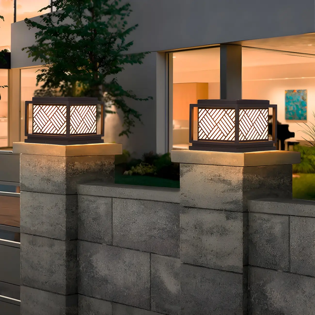 Cubic Metal Post Cap Light with Geometric Pattern Shade