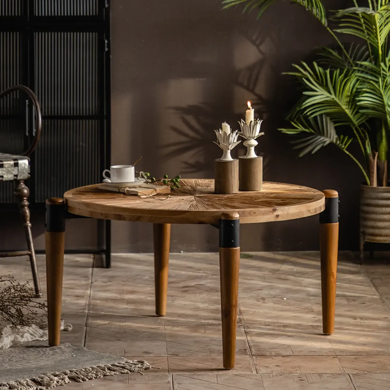 Modern Round Natural Wood Four Legs Coffee Table Dining Table