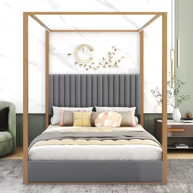 Queen Linen Canopy Bed with Headboard and Metal Frame