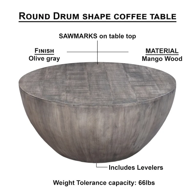 36 Inch Round Coffee Table, Handcrafted Drum Shape, Mango Wood with Olive Gray Finish