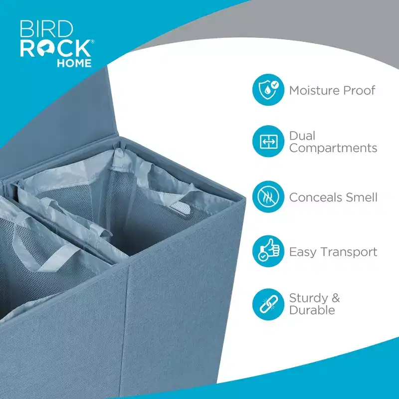 BirdRock Home Double Linen Laundry Hamper with Lid and Removable Liner - Light Blue