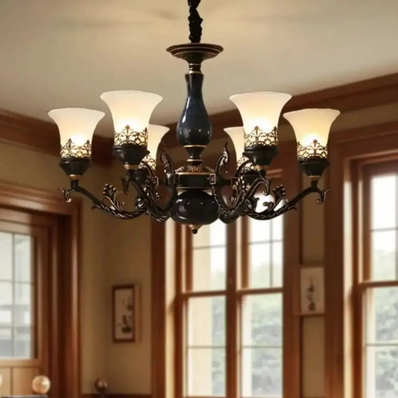 Mid-Century Living Room Black Frosted Wite Glass Bell Shape Chandelier