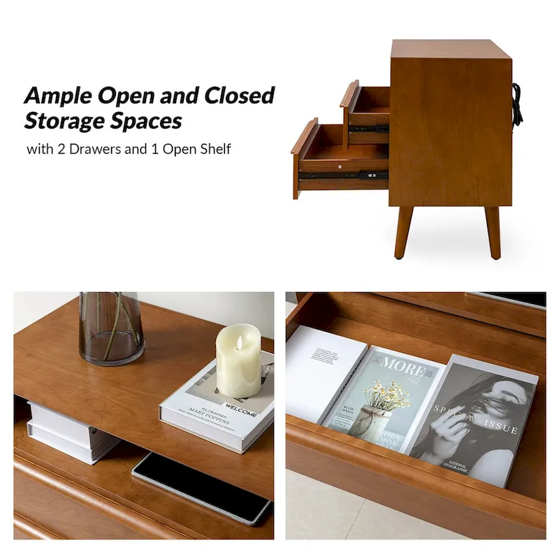 Mid-century Modern 2 - Drawer Nightstand with Built-In Outlets and USB