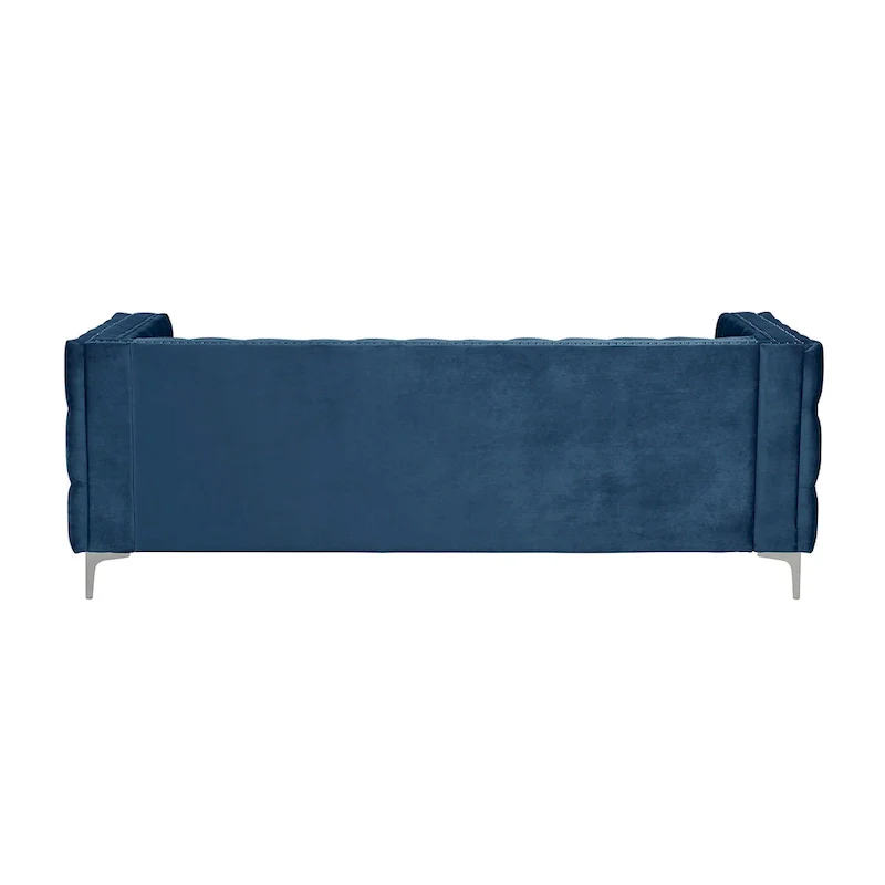 Dutch Velvet Button-Tufted Sofa, Blue/Grey/Beige, Nailhead Trim, Iron Legs, Seats 3