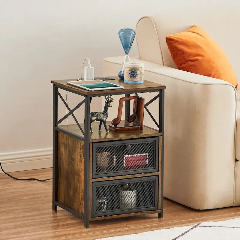 Nightstand End Table with Charging Station & 2 Flip Drawers, 2 USB Ports & 2 Power Outlet