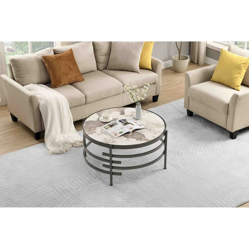 32.48 Modern Round Coffee Table with Sintered Stone Top & Sturdy Metal Frame