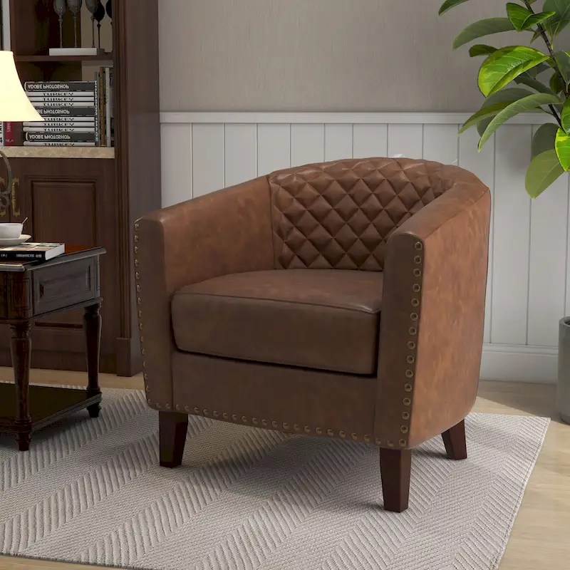 Barrel Accent Chair PU Leather with Nailhead Trim