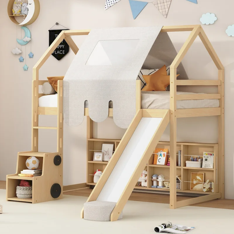 Twin Loft Bed with Play Tent and House Design, 250lb Capacity, Slide & Ladder