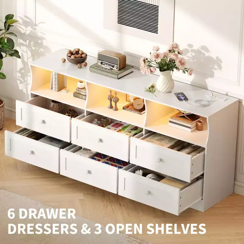 6-Drawer Dresser with RGB Lights & Power Outlet, Black / Gray / White