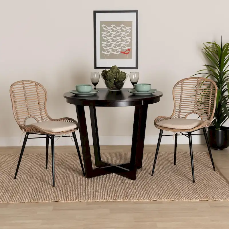 Modern Bohemian Rattan and Metal 2-Piece Dining Chair Set