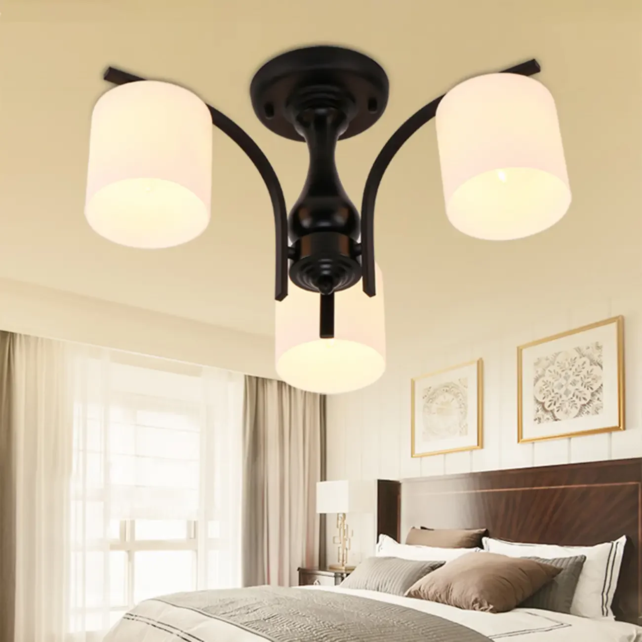 Traditional Black Cylinder Glass Semi-Flush Mount Ceiling Light
