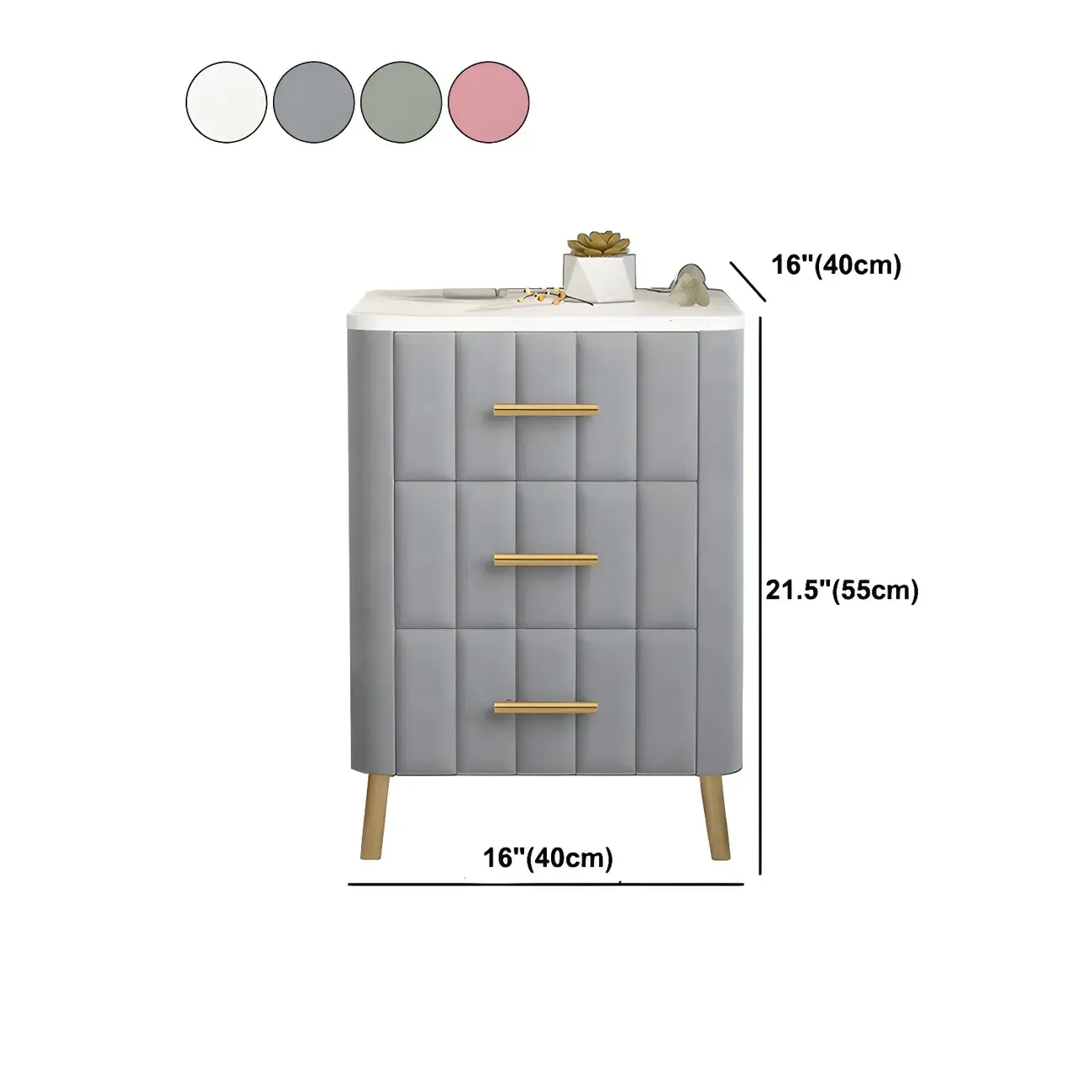 Glam Pink Leather Bedside Table with Marble Top 3 Drawers