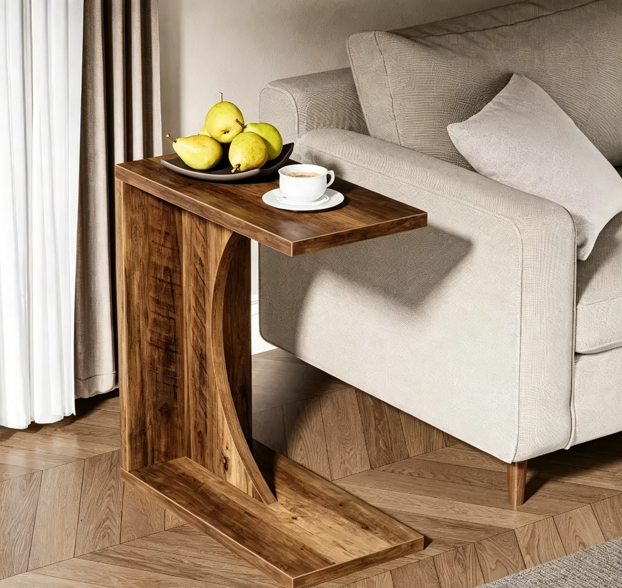 Rustic Brown C-Shaped End Table for 1 Person – MDF Side Table