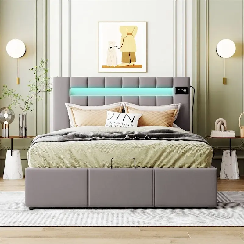 Upholstered Storage Bed with LED Light, Bluetooth and USB Charging