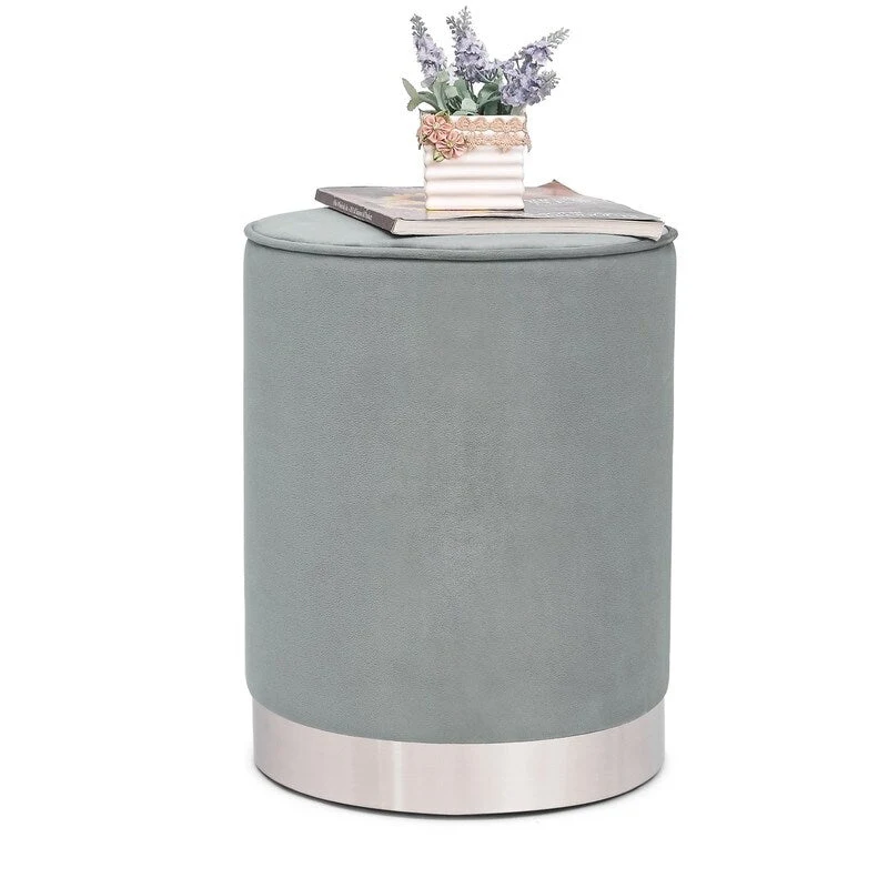 Adeco Vanity Upholstered Round Velvet Ottoman Footstool Silver Trim