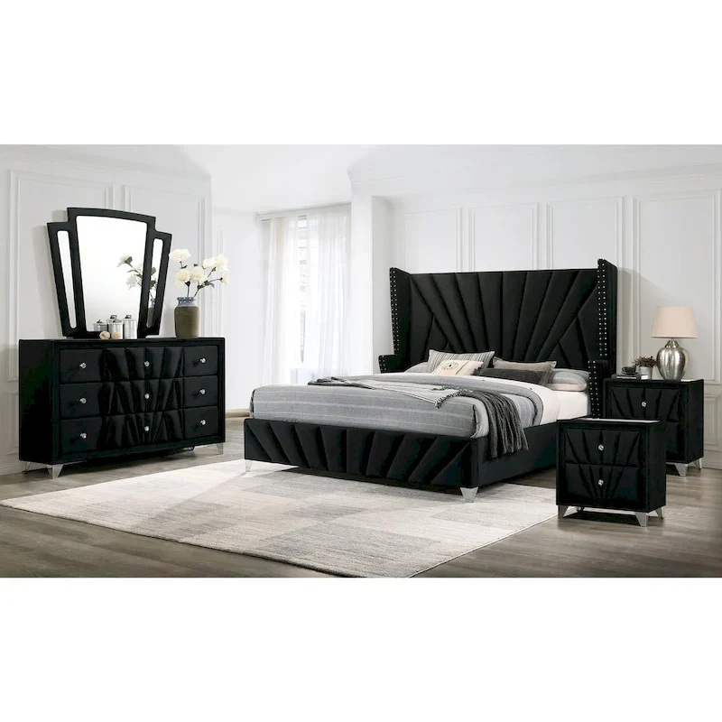 Ambrosia Glam Black Fabric Upholstered Nailhead 5-Piece Panel Bedroom Set by Furniture of America