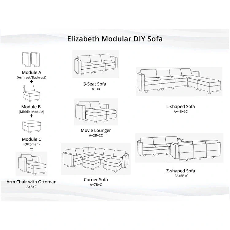 Modern DIY Convertible Modular Sectional Ultimate Sofa Collection - Optional Ottoman Middle and Armrest Modules