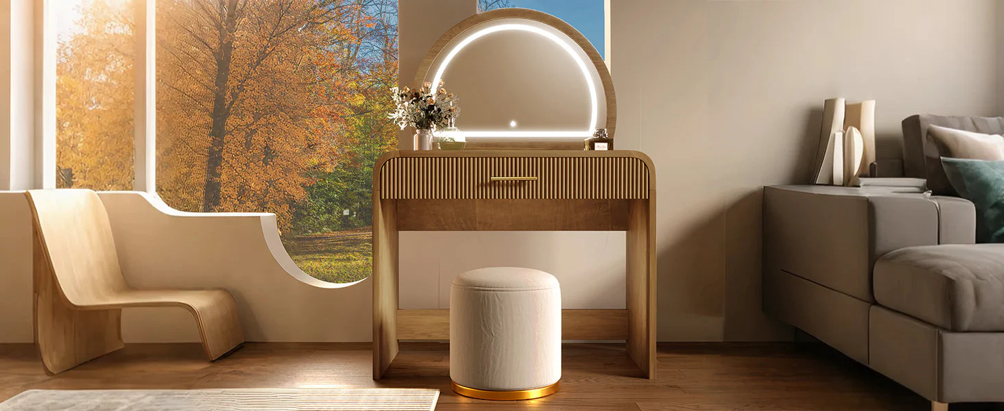 Walker Edison | Modern Reeded Curve Design Makeup Vanity Table