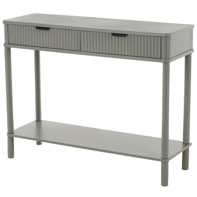 Wood 2 Drawer Console Table with Black Handle and Ribbed Front - Gray