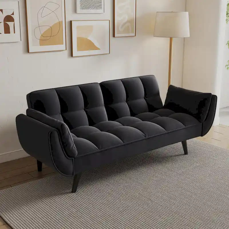 Black 57 Convertible Loveseat Sofa Bed with Adjustable Backrest, Pillows
