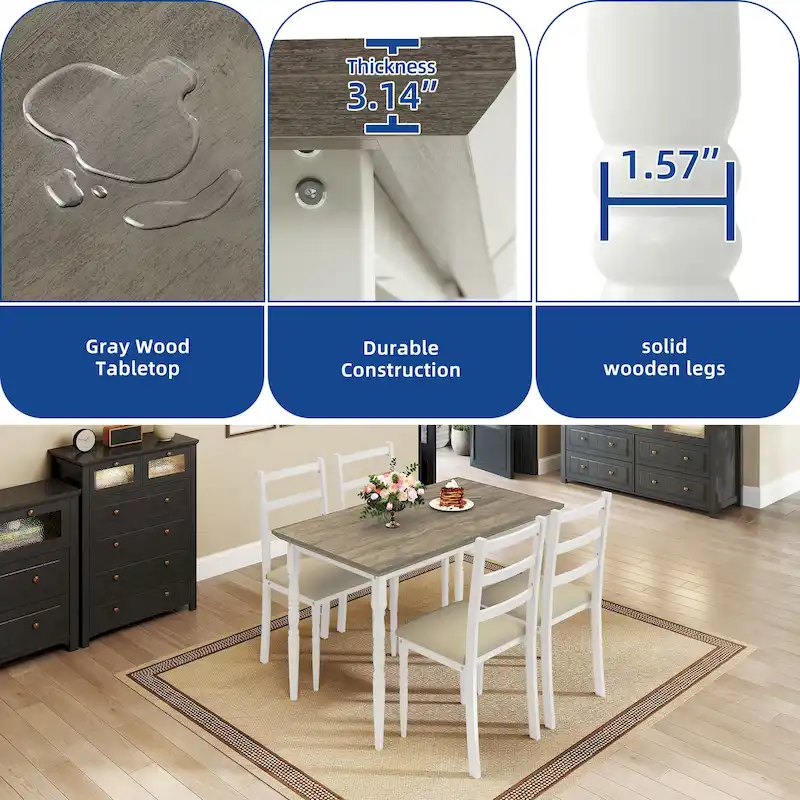 Farmhouse Dining Table Set with 4 Chairs Rectangular Dining Set Roman Column Style Kitchen