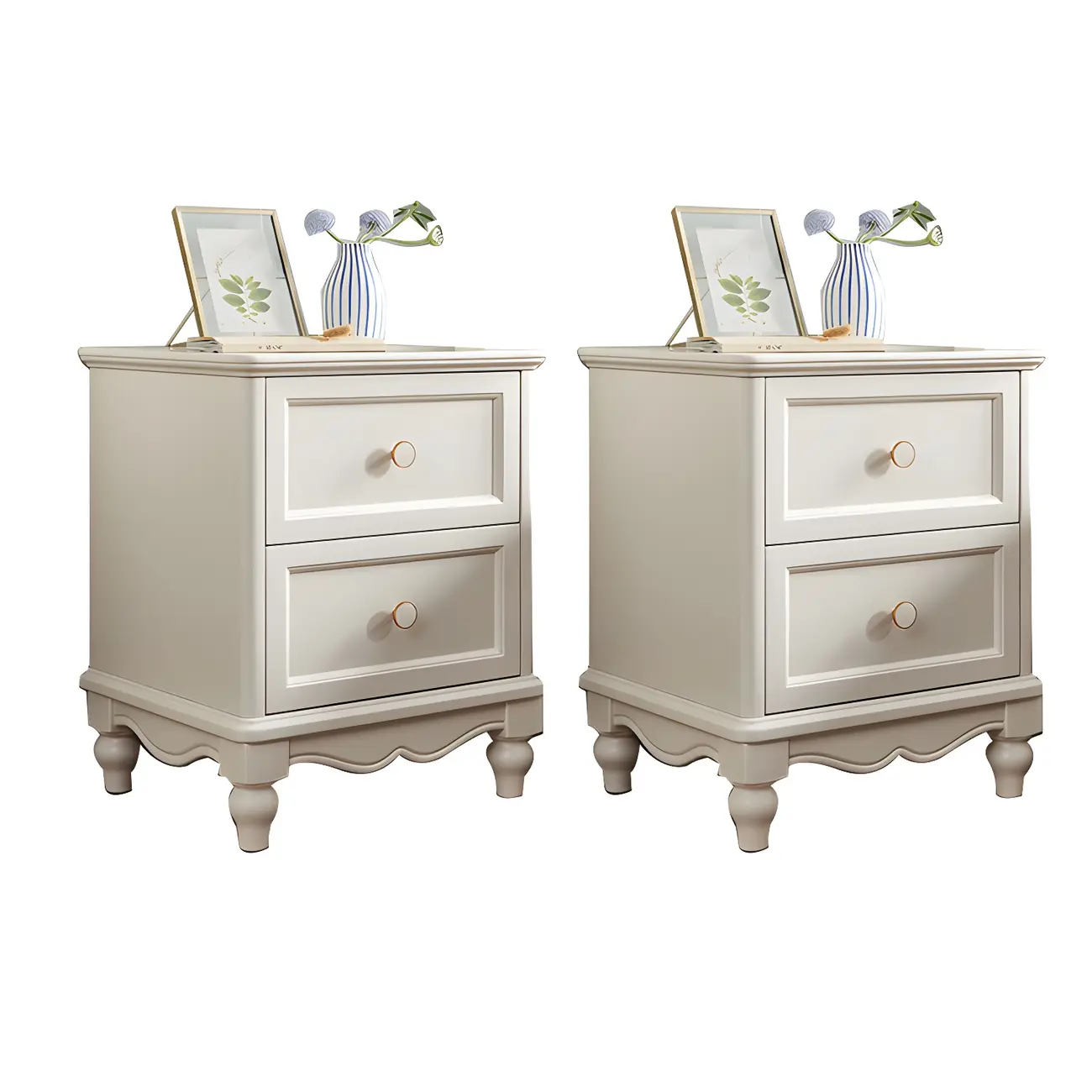 French 2-Layer White Wood Bedroom Nightstand