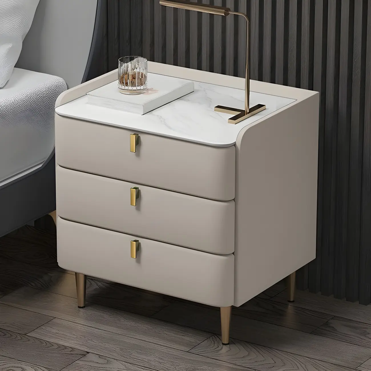 Glam Leather Sintered Stone Top Nightstand with Drawers