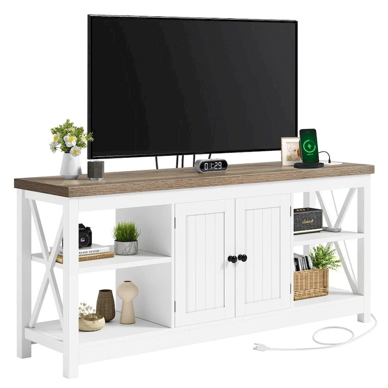 TV Stand for 65/60/55 TV Media with Power Outlets White & Beige - 58 inches