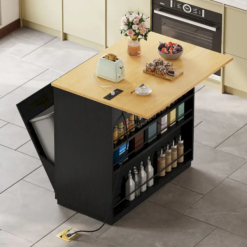 Kitchen Island Drop Leaf Double Tilt Out Trash Cabinet with Power Outlet & Wheels