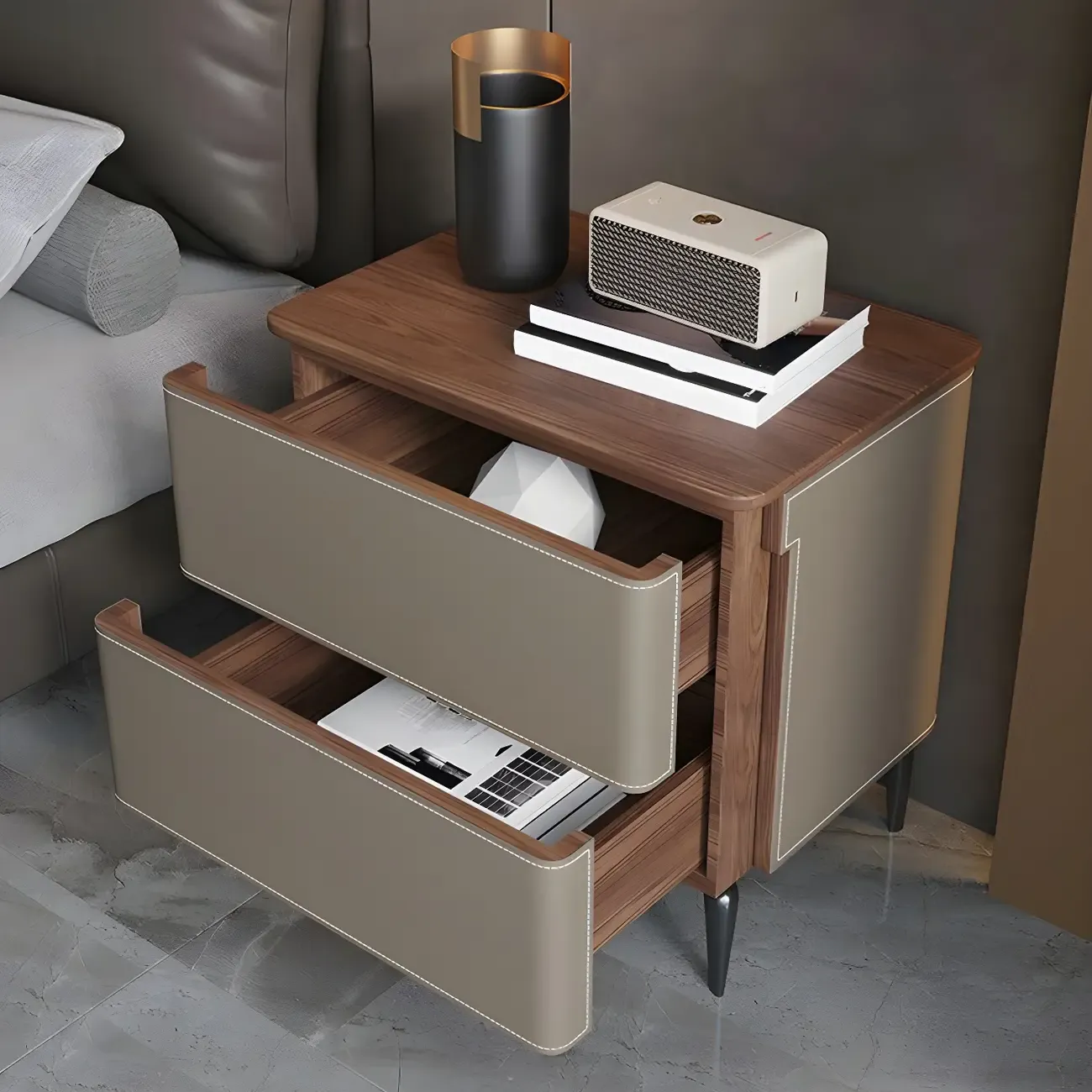 Modern Faux Leather Wood Top Drawers Nightstand
