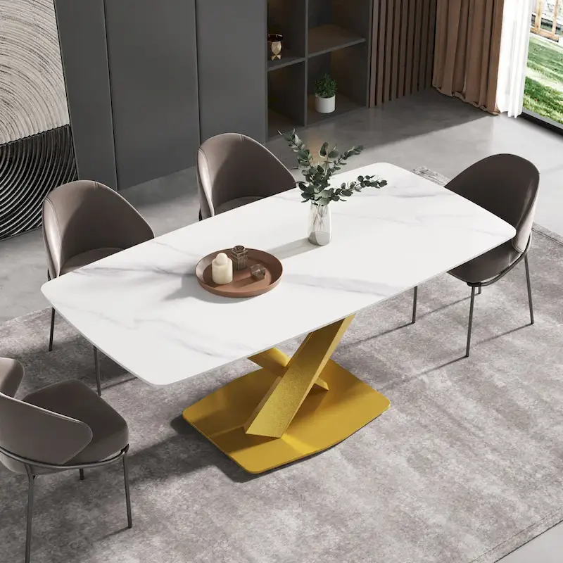 71  Modern Dining Table with Slate Stone Top and Metal Legs, Marble Dining Table