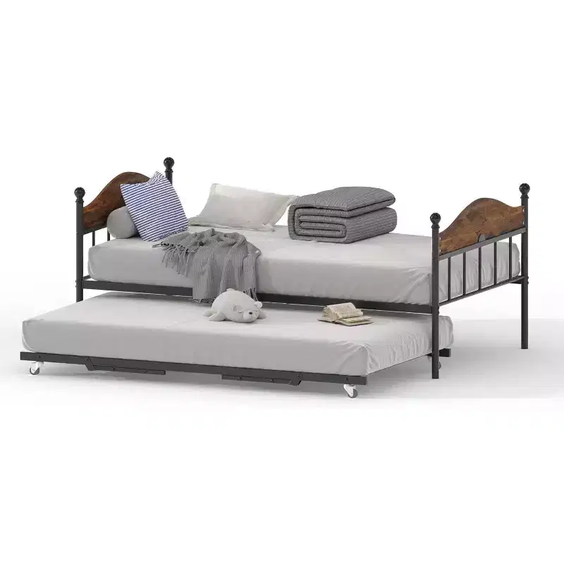Acekool Daybed with Pop-Up Trundle, Metal Twin Bed Frame with Sofa-to-Bed Headboard, Reinforced Steel Slat Support, Rustic Brown