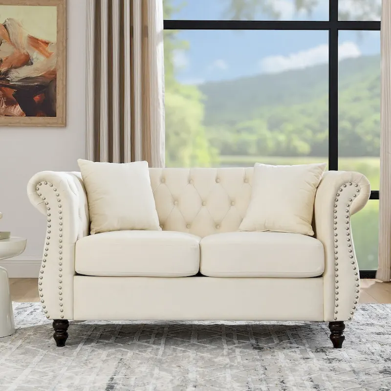 Beige Velvet Chesterfield Loveseat Sofa, Rolled Arms, Nailhead Trim
