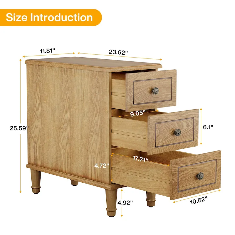 Wood End Table, Fully Assembled Narrow Side Table with 3 Drawers