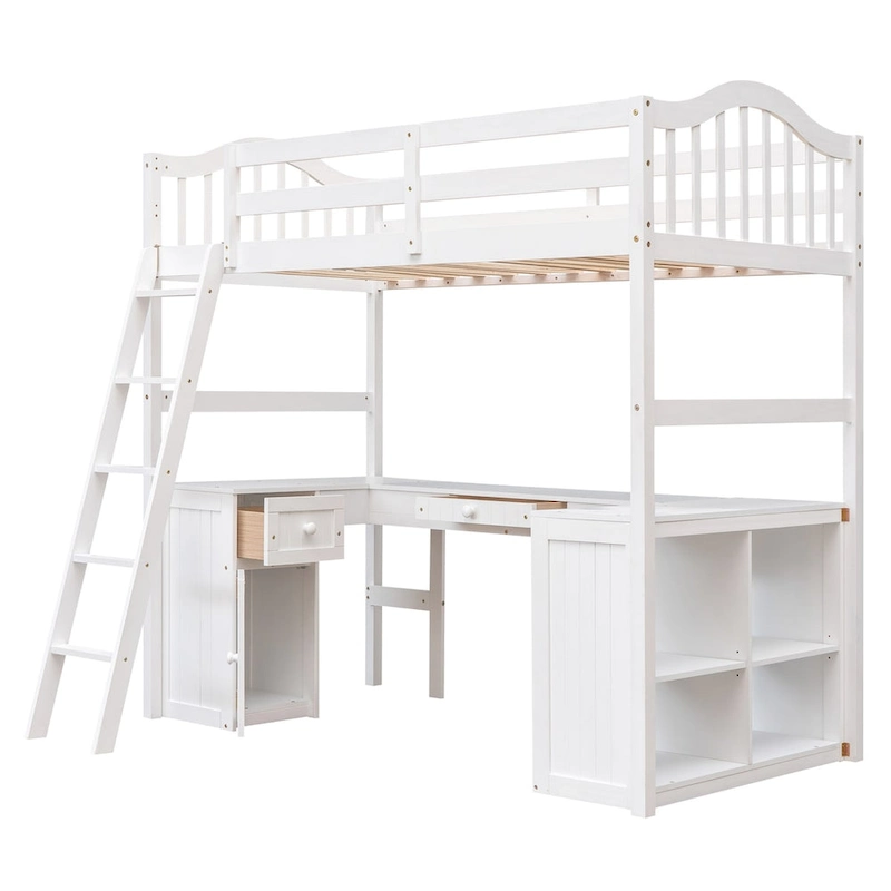 Wooden Loft Bed with Drawers, Cabinet, Shelves and Desk