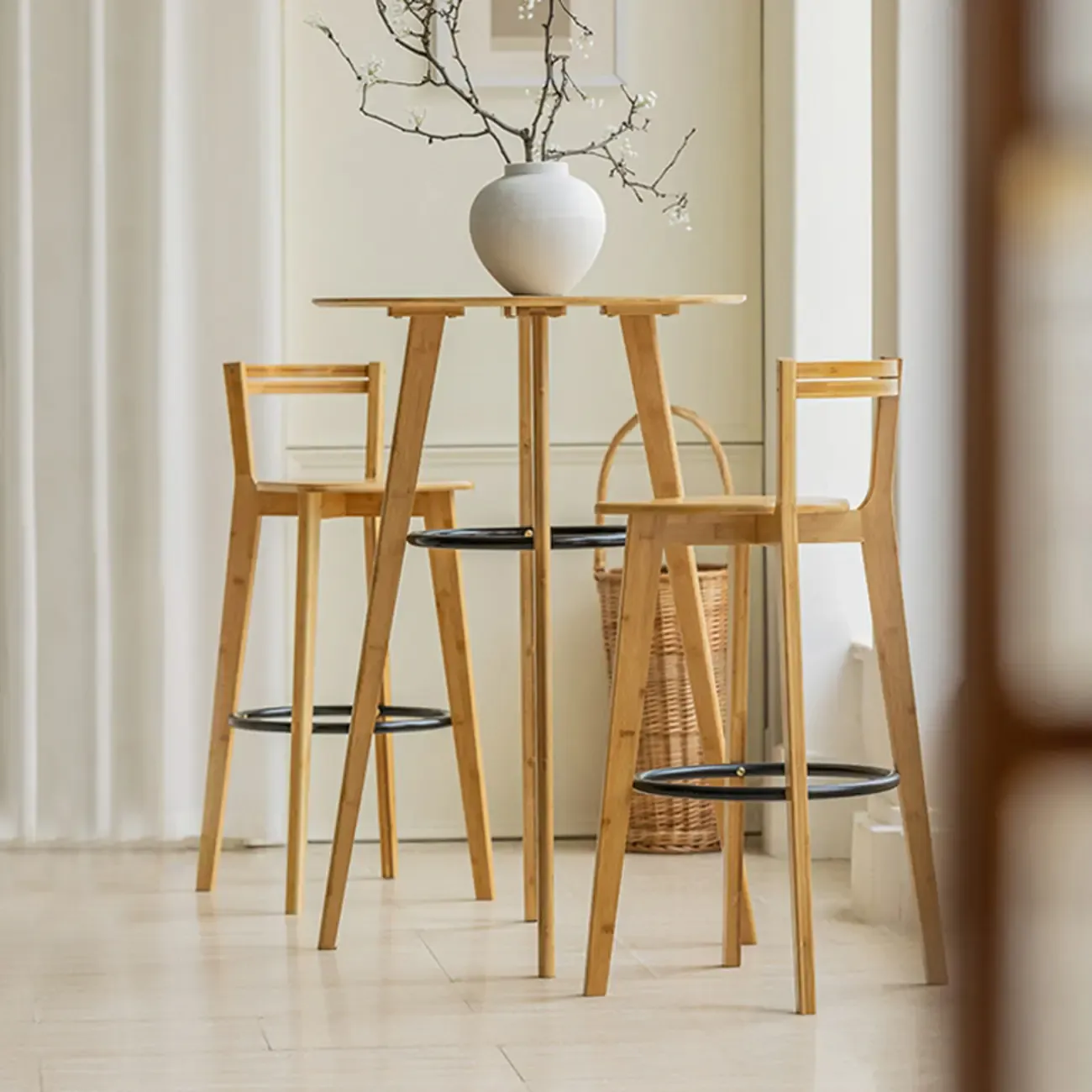 Scandinavian Bamboo Round Pub Bar Table with Black Footrest for Dining