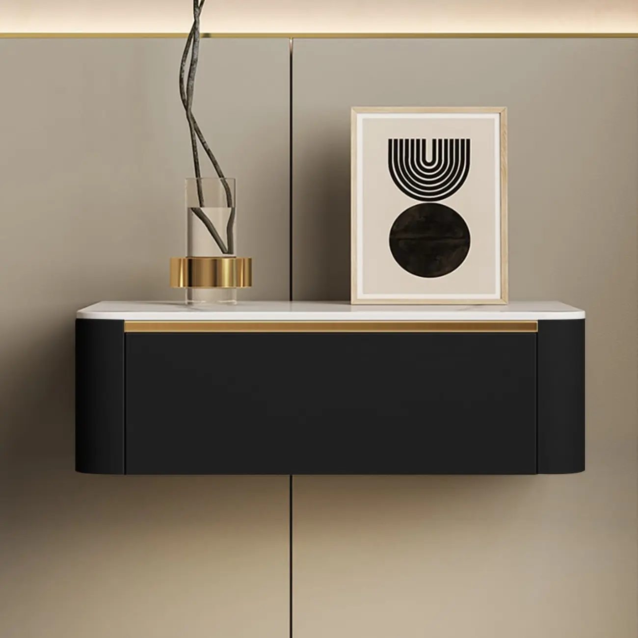 Modern Wood Stone Top Floating Nightstand with Drawer