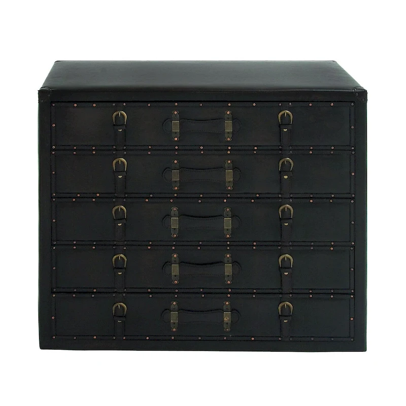 Wooden Vintage Faux Leather Room Chest with Buckles and Straps Detailing - Black - Roche River Decor